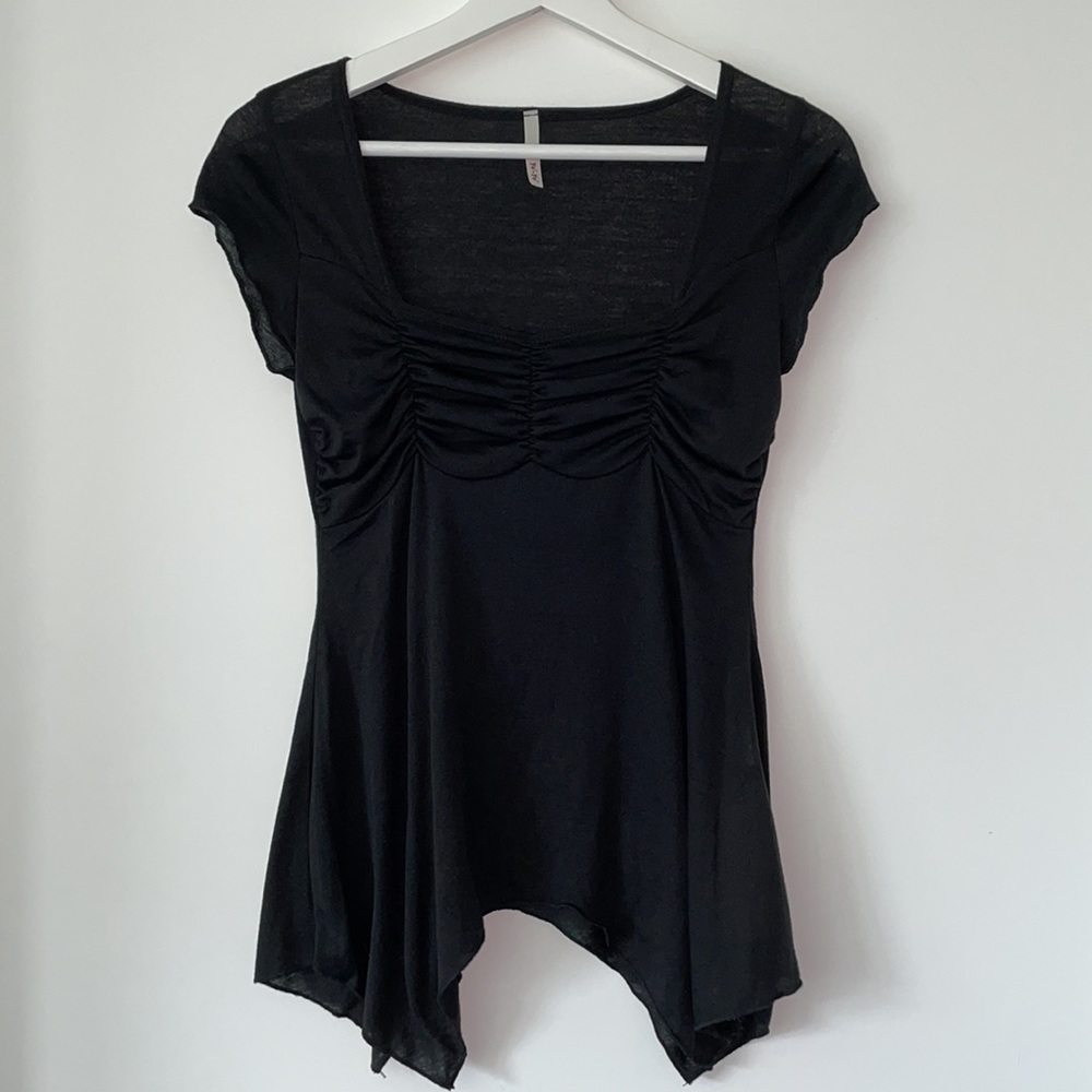 Ye-Ye Ruched Bust Handkerchief Hem Black Top Sz S